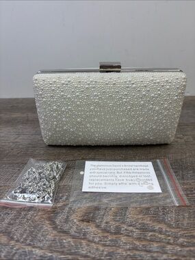 David’s Bridal Pearl & Crystal Embellished Evening Clutch Bag Chain Strap –Ivory